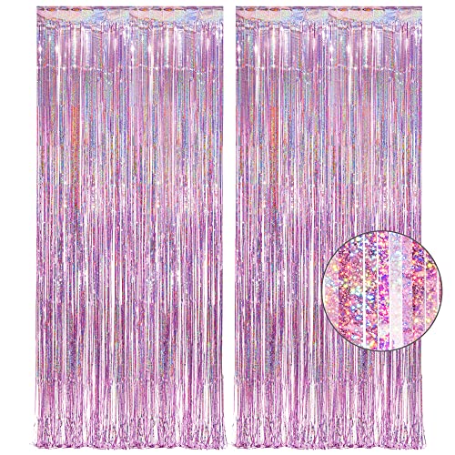 Pink Tinsel Curtain Party Backdrop - GREATRIL Foil Fringe Curtain Lilac Pink Party Streamers for Birthday Girl Themed Party Decorations - 2 Packs - color: Pink