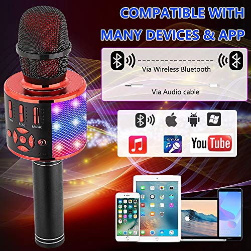 Amazmic Kids Karaoke Microphone Machine Toy Bluetooth Microphone Portable Wireless Karaoke Machine Handheld with LED Lights, Gift for Children Adults Birthday Party, Home KTV(Black Red) - color: Black Red