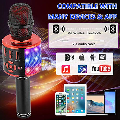 Amazmic Kids Karaoke Microphone Machine Toy Bluetooth Microphone Portable Wireless Karaoke Machine Handheld with LED Lights, Gift for Children Adults Birthday Party, Home KTV(Black Red) - color: Black Red