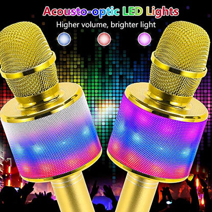 Amazmic Kids Karaoke Microphone Machine Toy Bluetooth Microphone Portable Wireless Karaoke Machine Handheld with LED Lights, Gift for Children Adults Birthday Party, Home KTV(Gold) - color: Gold