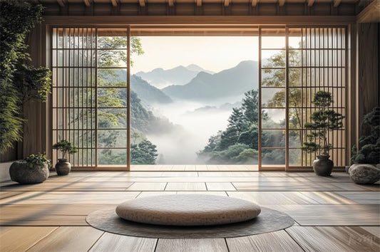 Fabric 7x5ft Japanese Style Lobby Empty Room Backdrop for Video Calls Misty Mountain Forest Window View Photography Background Japan Chinese Traditional Residence Decoration Wallpaper - color: A, size: 7x5ft(WxH)