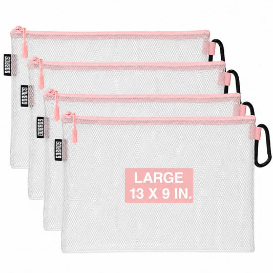 GOBAGS Air Production Large Clear Zipper Pouch (4-Pack) – Cable Organizer & Travel Gear Bag for Electronics, Camera Accessories, Tool Pouch & Small Tech Storage (Pink) - color: Pink, size: Large