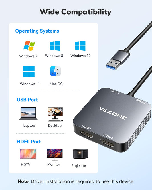 vilcome USB to HDMI Adapter, USB 3.0 to Dual HDMI Adapter with USB 3.0 Port, Audio Video Graphics Converter Cable for Laptop Monitor Desktop TV, Compatible with Mac OS, Windows