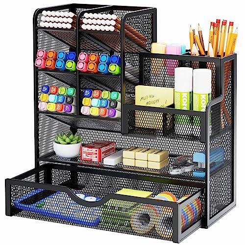Marbrasse Mesh Pen Holder for Desk, Multi-Functional Pencil Organizer with Drawer, Desk Organizers and Accessories for Office Art Supplies (Black) - color: Black