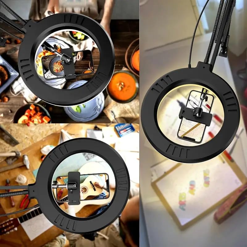 Overhead Phone Mount with Ring Light, 6.5in LED Selfie Ring Light for Desk，,Adjustable Phone Mount，for Video Recording,Live Stream,Cooking Video