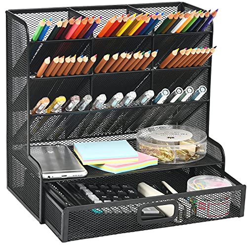 Marbrasse Mesh Pen Holder for Desk, Multi-Functional Pencil Organizer with Drawer, Desk Organizers and Accessories for Office Art Supplies (Large Black) - color: Balck Mesh Pen Holder with Drawer