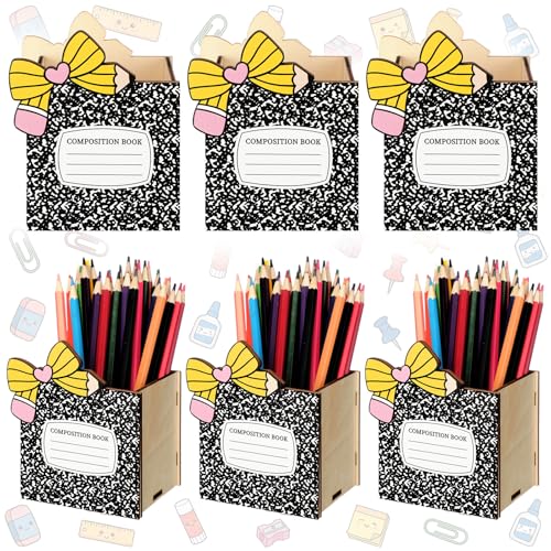 Zhehao 6 Pcs Wood Pencil Holder Pen Holder for Classroom Composition Book Bow Back to School Pencils Cup Wooden Dispenser Crayon Organizer for Teacher First Day School Gifts Office Desk - style: Composition Book