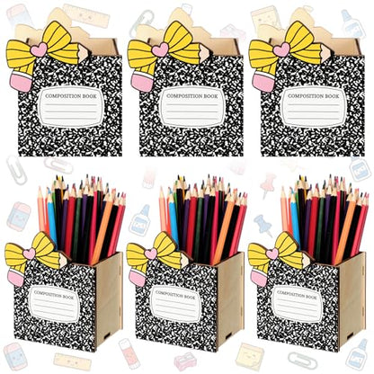 Zhehao 6 Pcs Wood Pencil Holder Pen Holder for Classroom Composition Book Bow Back to School Pencils Cup Wooden Dispenser Crayon Organizer for Teacher First Day School Gifts Office Desk - style: Composition Book
