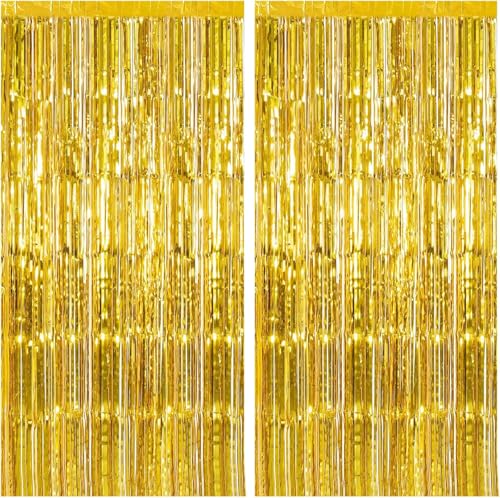 2 Pack Gold Backdrop Birthday Decorations Foil Curtain Backdrop Gold Streamers Dance Party Decorations Photo Booth Props for Bachelorette Decorations Christmas Halloween New Years Eve Party Supplies - color: Gold, size: 2 Pcs