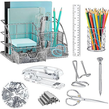 KAAKOW Silver Desk Organizers and Accessories Office Supplies Set Stapler, Pen Holder, Phone Holder, Scissors, Pen, Ruler, 30 Paper Clips, 22 Binder Clip, 20 Tacks and 1000pcs Staples - color: Silver