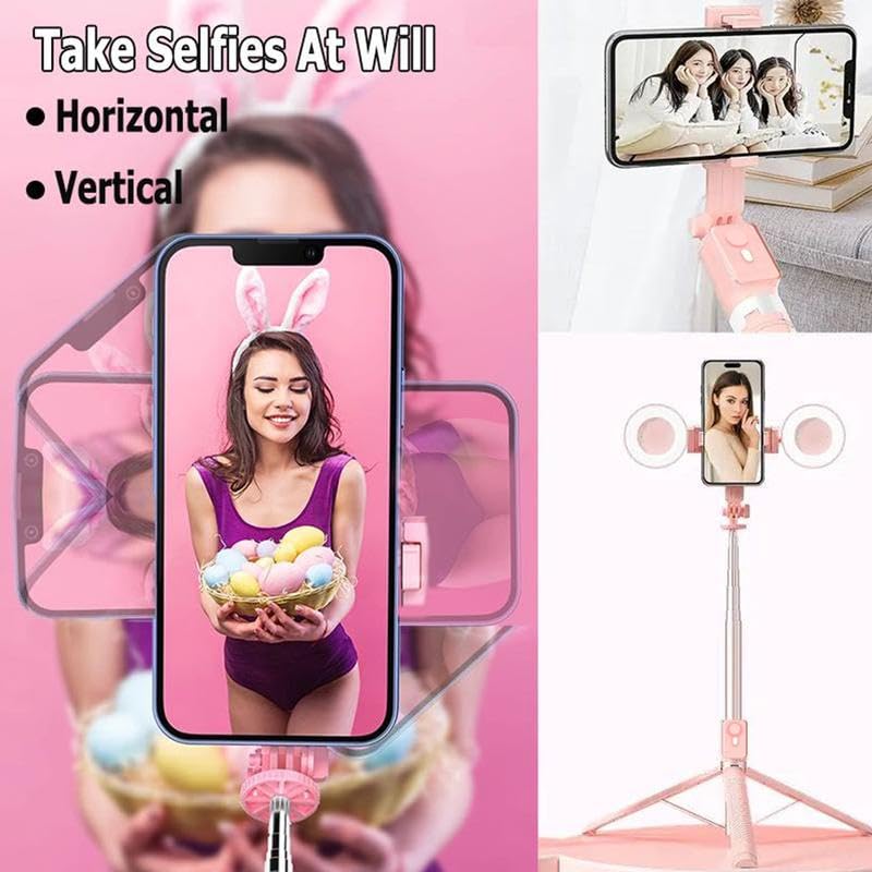 Selfie Stick Tripod with Light and Bluetooth Remote, 67" Extendable Mini Tripod Stand for iPhone Samsung Android, 6 in 1 Wireless Selfie Stick for TikTok YouTube Live Streaming(Pink) - color: Pink
