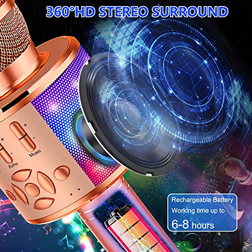 Amazmic Kids Karaoke Microphone Machine Toy Bluetooth Microphone Portable Wireless Karaoke Machine Handheld with LED Lights, Gift for Children Adults Birthday Party, Home KTV(Champagne) - color: Rose Gold Plus