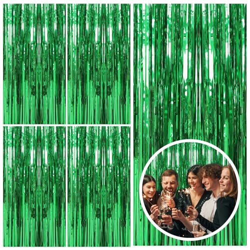 5 Pack Green Streamers Backdrop Jungle Party Decorations Foil Fringe Backdrop Curtains Photo Booth Backdrop for Birthday Dinosaur Animal St Patrick's Day Football Christmas Party Decorations - color: Green, size: 39.4"w X 78.7"l (Pack of 5)