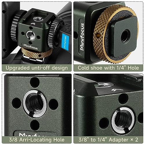 MINIFOCUS Camera Hot Shoe Extension Bracket with Quadruple Cold Shoe Mounts Adapter for Microphone LED Video Light, Aluminum Shoe Mount Holder with 1/4''&3/8'' Thread Hole and Arri-locating Hole