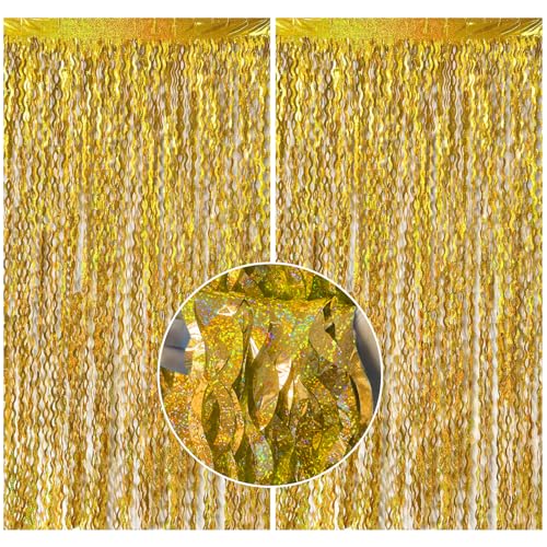 2 Pack Gold Fringe Curtain Backdrop Tinsel Streamers Birthday Party Decorations Photo Booth Backdrop Halloween New Year Graduation Theme Party Decorations - color: Gold, size: 2 Pack