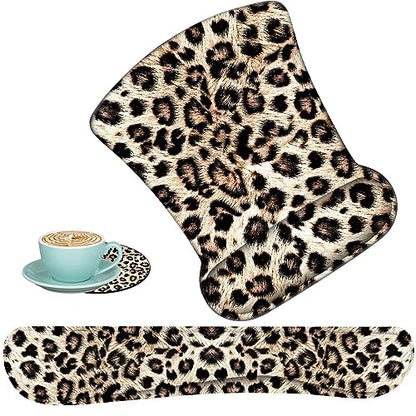 Keyboard Wrist Support + Wrist Coaster Combination, Non-Slip PU Base, with Gel Memory Mousepad, Suitable for Gaming, Office Pain Relief Set - Leopard Print Pattern - color: Leopard Print Pattern