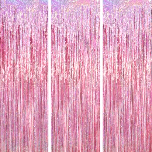 Voircoloria 3.3 x 6.6 ft Foil Fringe Backdrop Curtains, Tinsel Streamers Party Decorations, Fringe Backdrop for Birthday, Baby Shower, Gender Reveal, Graduation (3, Pink) - color: Pink