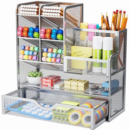 Marbrasse Mesh Pen Holder for Desk, Pen Organizer with Drawer, Multi-Functional Pencil Organizer, Desk Organizers and Accessories for Office Art Supplies (Silver) - color: Silver