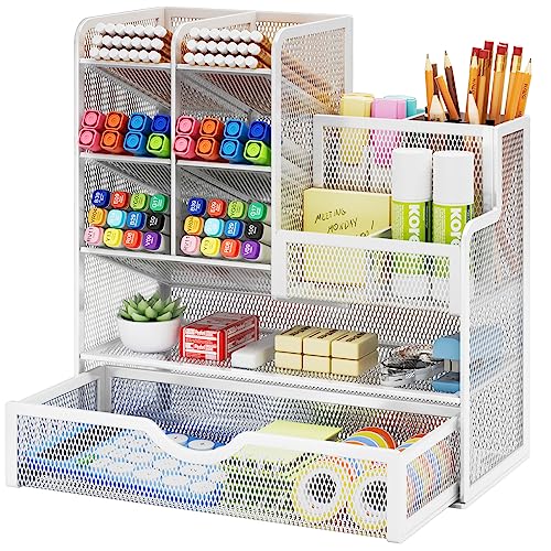Marbrasse Mesh Pen Holder for Desk, Multi-Functional Pencil Organizer with Drawer, Desk Organizers and Accessories for Office Art Supplies (White) - color: White