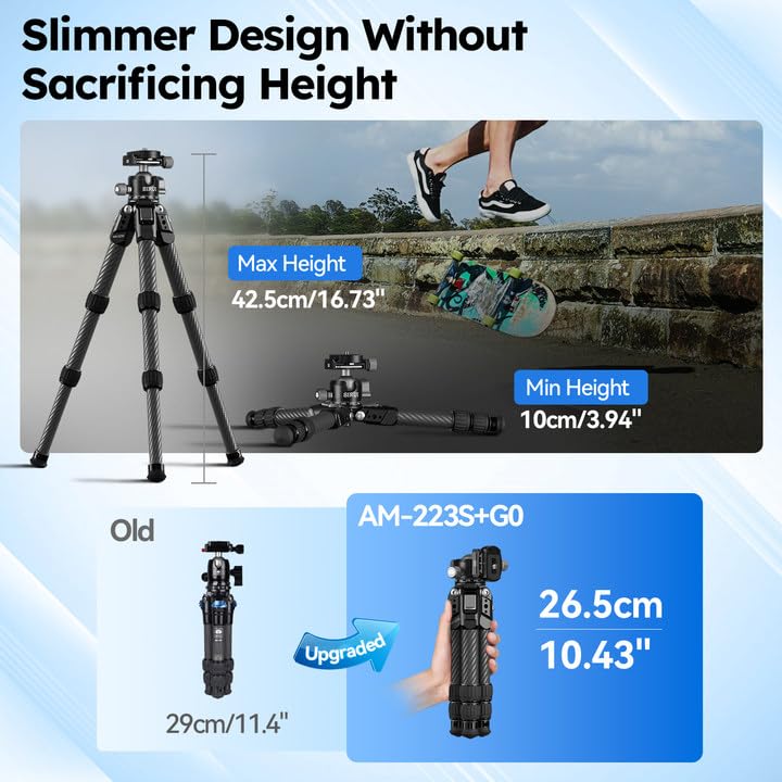 SIRUI AM-223S+G0 Carbon Fiber Desktop Tripod – Ultra-Light 1.7lbs, Max Height 16.7", 360° Panoramic Ball Head, Heavy-Duty Support to 33.07lb for DSLR & Mirrorless Cameras - style: Ball Head Tripod