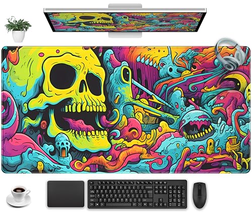 Gaming Desk Mat Skull Desk Pad Extended Mouse Pad XXL, Cool Mouse and Keyboard Mat Big Desktop Mats for Desk, Laptop Mat with Non-Slip Base & Stitched Edges, Office Decor for Men 31.5" x 15.7" - color: Neon Monster