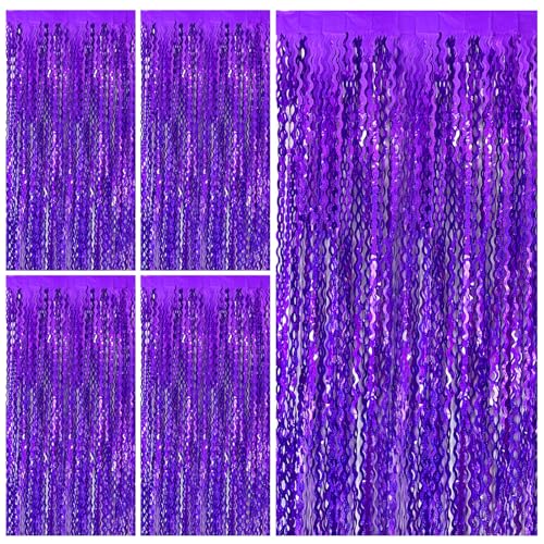 Tinsel Foil Fringe Curtains Wavy Backdrop for Parties Sparkle Metallic Wavy Foil Fringe Backdrop Curtain for Party Decorations Photo Booth Props for Birthday Graduation Wedding - color: Purple, size: 5 Pack