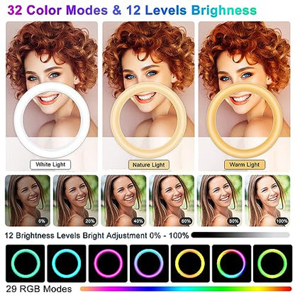 STALLY 10.2" Ring Light with Stand, 75" Tall Ring Light with Phone Holder and Wireless Remote, 12 Dimming Levels, 32 Color Modes Selfie Light Tripod for iPhone, Live Stream, Makeup, YouTube, TikTok - size: 10.2in