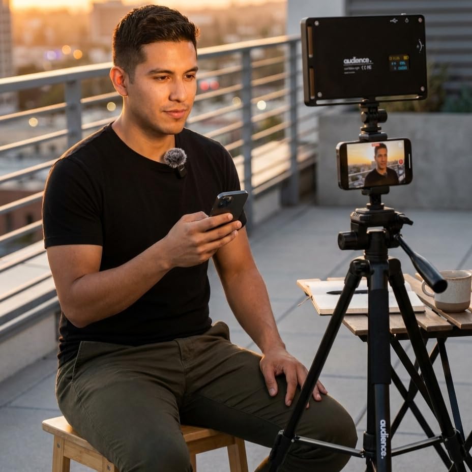 Audience Vlogging Kit for iPhone & Android — 72" Tripod with Dual Wireless Mics, LED Light, Phone Mount, Bluetooth Remote & Travel Case