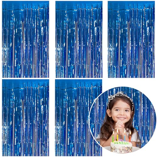 5 Pack Foil Curtain Backdrop Blue Metallic Tinsel Foil Fringe Curtains Photo Booth Props for Birthday Wedding Engagement Baby Shower Bachelorette Christmas Holiday Celebration Party Decorations - color: Royal Blue, size: 5 Pcs