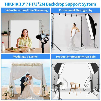 Adjustable Photography Backdrop Stand Kit 10x7ft(W*H)– Photo Studio Background Support with 4 Crossbars, 4 Clamps, 2 Sandbags (with 10 * 7 Feet White Backdrop Curtain) - color: White