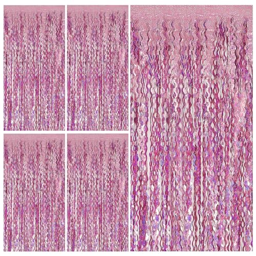 Tinsel Foil Fringe Curtains Wavy Backdrop for Parties Sparkle Metallic Wavy Foil Fringe Backdrop Curtain for Party Decorations Photo Booth Props for Birthday Graduation Wedding - color: Pink, size: 5 Pack