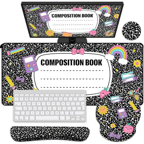 Kingdder Composition Book Teacher Desk Mat Mouse Pad Set Include Large Desk Mat Pad with Wrist Rest Mouse Support, Keyboard Wrist Rest Coaster Back to School Classroom Teacher Appreciation Gift - style: Composition Book