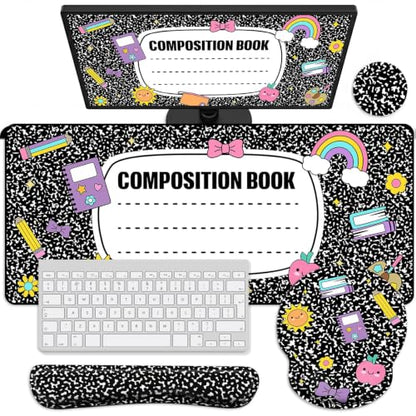 Kingdder Composition Book Teacher Desk Mat Mouse Pad Set Include Large Desk Mat Pad with Wrist Rest Mouse Support, Keyboard Wrist Rest Coaster Back to School Classroom Teacher Appreciation Gift - style: Composition Book