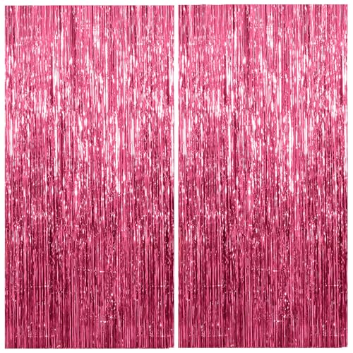 2 Pack Foil Curtain Backdrop Pink Metallic Tinsel Foil Fringe Curtains Photo Booth Props for Birthday Wedding Engagement Baby Shower Bachelorette Christmas Holiday Celebration Party Decorations - color: Pink, size: 2 Pcs