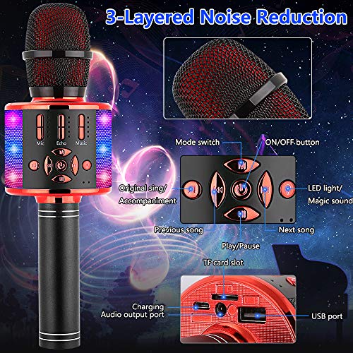 Amazmic Kids Karaoke Microphone Machine Toy Bluetooth Microphone Portable Wireless Karaoke Machine Handheld with LED Lights, Gift for Children Adults Birthday Party, Home KTV(Black Red) - color: Black Red