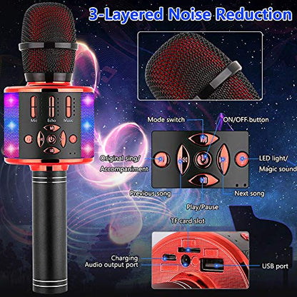 Amazmic Kids Karaoke Microphone Machine Toy Bluetooth Microphone Portable Wireless Karaoke Machine Handheld with LED Lights, Gift for Children Adults Birthday Party, Home KTV(Black Red) - color: Black Red