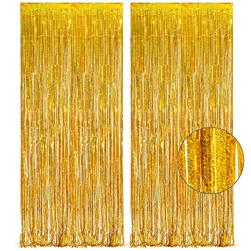 Gold Fringe Curtain Tinsel Backdrop - GREATRIL Foil Fringe Curtain Party Streamers for Prom 2026 NYE New Years Eve Birthdays Christmas Theme Party Decorations Pack of 2 - color: Gold