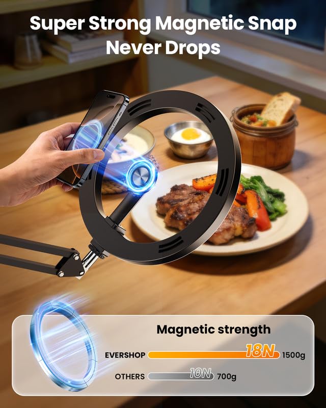 Magnetic Overhead Ring Light for Desk, 10” Selfie Light with Stand Tripod for iPhone, Adjustable Overhead Phone Mount with MagSafe-Compatible Holder for Recording, Vlogging, Crafts, TikTok, YouTube - size: 36" tall - Magnetic Phone Holder