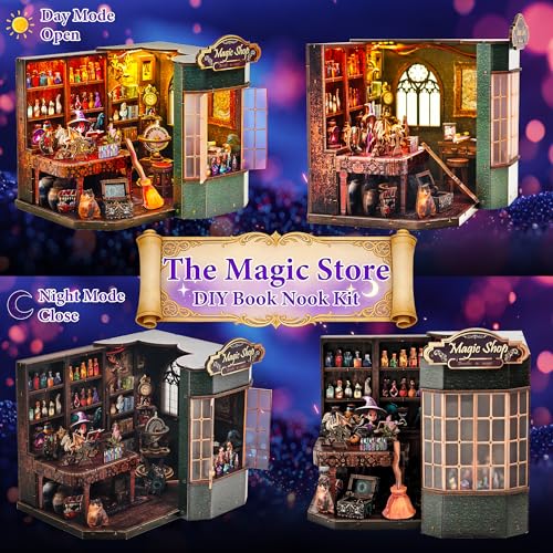 Book Nook Kit – DIY Miniature House Dollhouse for Adults & Teens, 3D Wooden Puzzle Tiny House Bookshelf Insert with LED Lights, Booknook Library Decor Gift for Family & Friends - style: Magic Shop