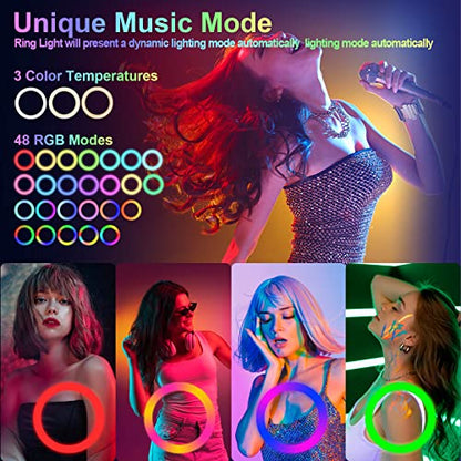 10" Selfie Ring Light with 73" Tripod Stand & 1 Phone Holder, LED Camera Ringlight with 48 RGB Colors Modes & Musical Rhythm Mode and 12 Brightness Dimmable for TikTok/Makeup/Photography/Vlog - color: 10" Musical Version