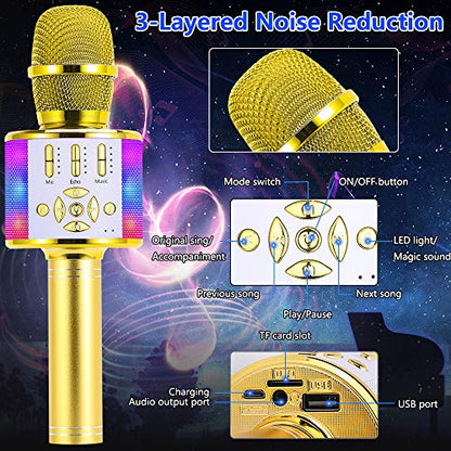 Amazmic Kids Karaoke Microphone Machine Toy Bluetooth Microphone Portable Wireless Karaoke Machine Handheld with LED Lights, Gift for Children Adults Birthday Party, Home KTV(Gold) - color: Gold