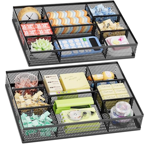 Marbrasse 2 Pack Desk Drawer Organizer, Mesh Drawer Organizer Tray with 8 Adjustable Compartments, Desk Organizers and Accessories, 5 Dividers Drawer for Office Supplies, Makeup & Vanity (Black) - color: Black