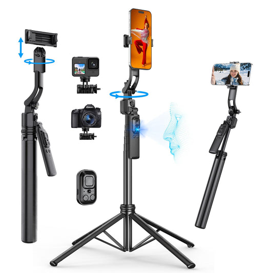 FOURPILLARS Auto Face Tracking Selfie Stick Tripod for iPhone & Android | 360° Ai Tracking Follows Your Movement, No App Required, Remote Control, Extendable For Vlogs And Live Streams