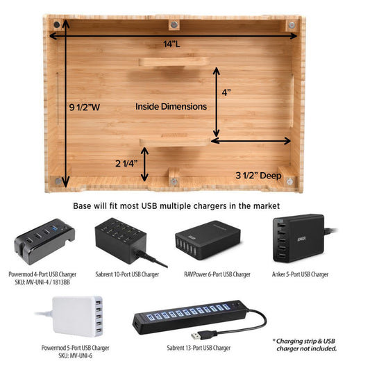 MobileVision Bamboo 12-Port Charging Station & Docking Organizer for Smartphones & Tablets, Family-Sized, for use in Corporate Offices & Classrooms