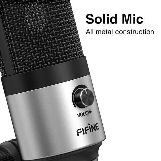FIFINE USB Microphone for Zoom Video Meeting Online Class on PC Computer, Metal Condenser Desktop Mic with Gain Control for Windows and Mac, Silver - K669S - color: Silver