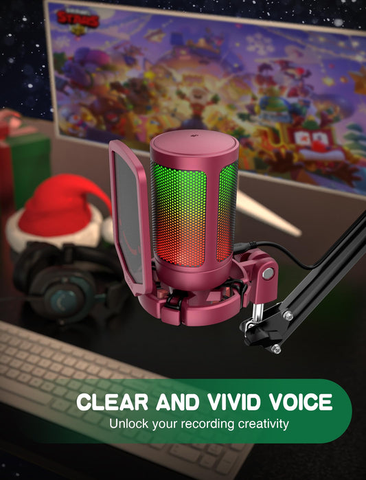 FIFINE AmpliGame PC Gaming Streaming USB Microphone, RGB Desktop Microphone for Computer/Mac/PS4/PS5, Podcast, Recording, TikTok, Game Chat, Condenser Mic with Pop Filter, Shock Mount - Red - color: Red