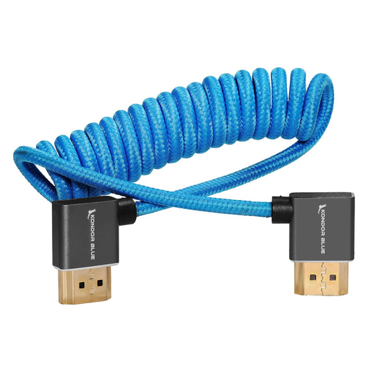 KONDOR BLUE | Right Angle Full HDMI 2.0 Coiled Cable 12"-24" Braided | Type A Male to Male, 3D, 4K 60Hz, 18Gbps, HDR | for On-Camera Monitors & Recorders + More | Blue - color: Blue